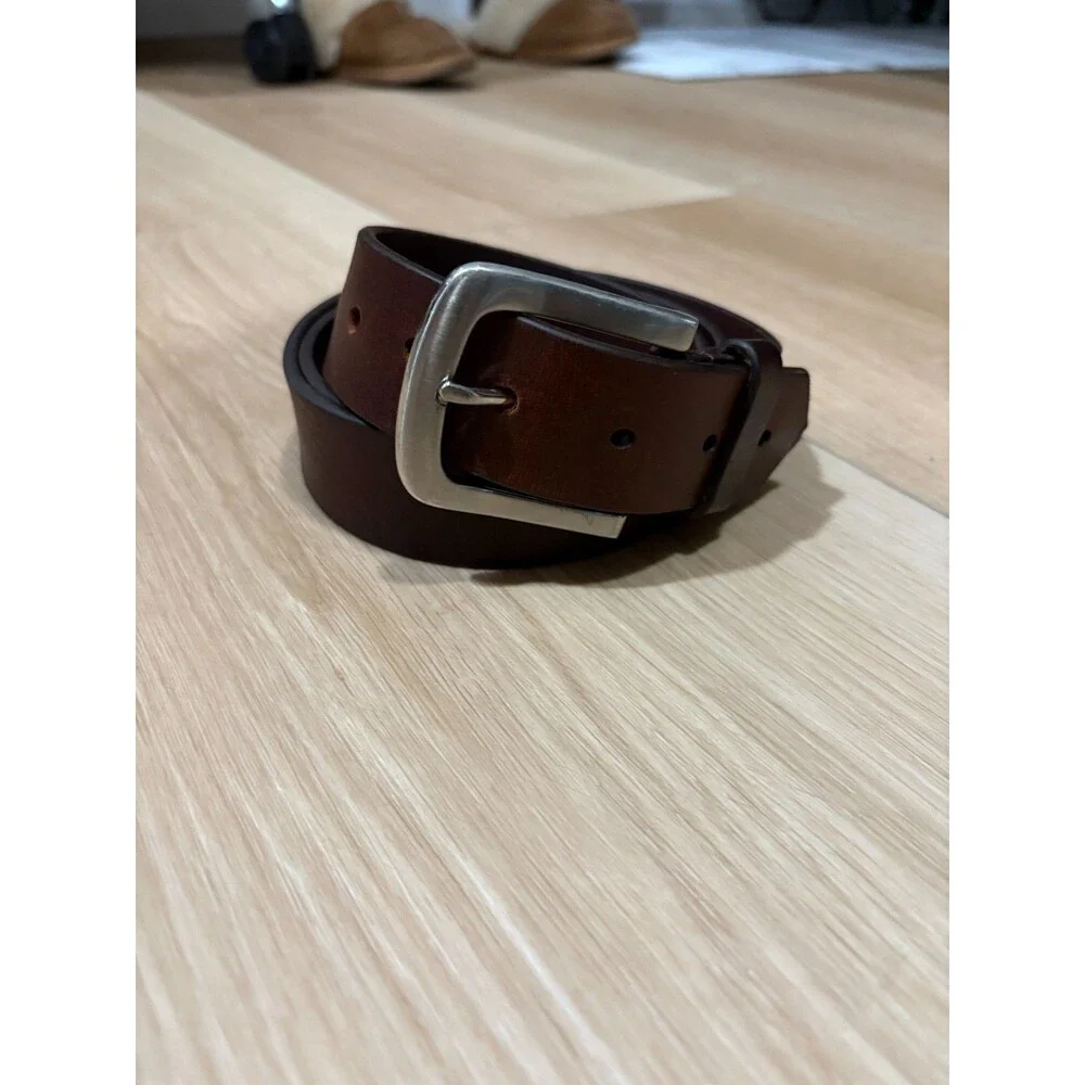 Classic Men's Dark Brown Top Grain Leather Dress Belt Silver Buckle Solid 42